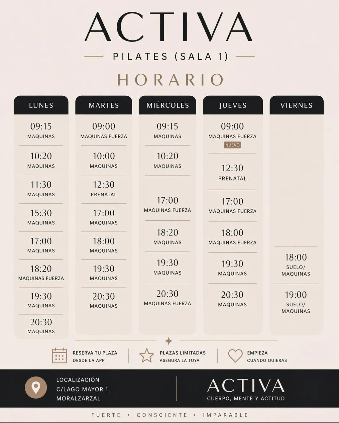 Nuevo horario Pilates 1 Activa Moralzarzal