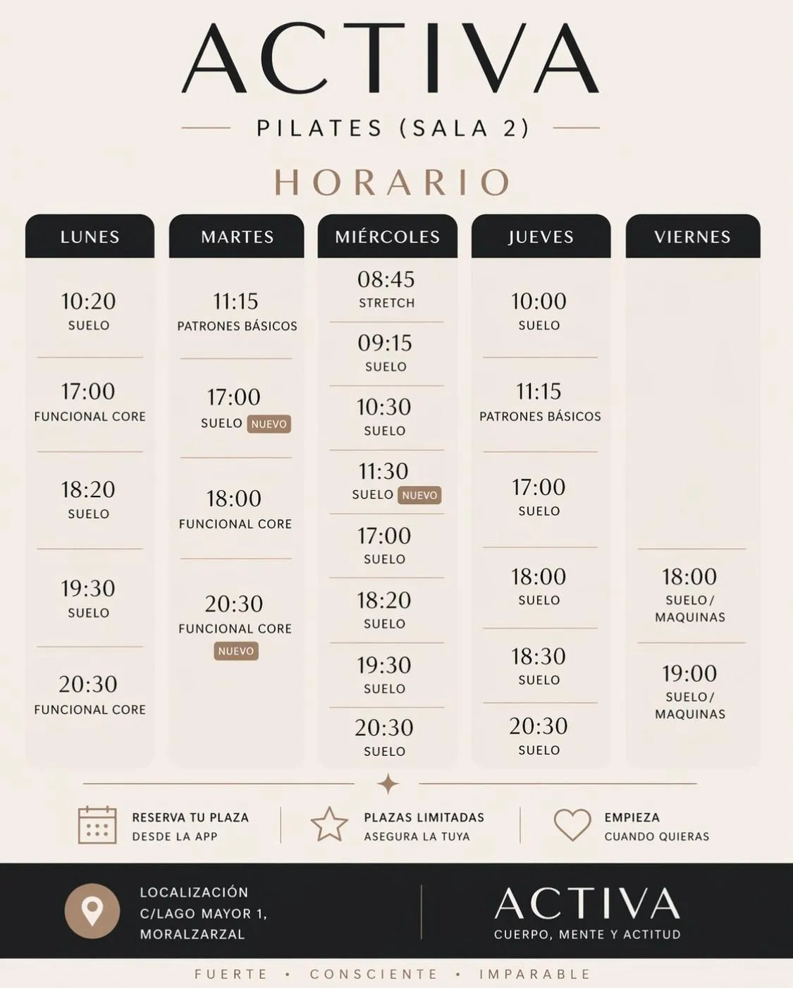 Nuevo horario Pilates 2 Activa Moralzarzal